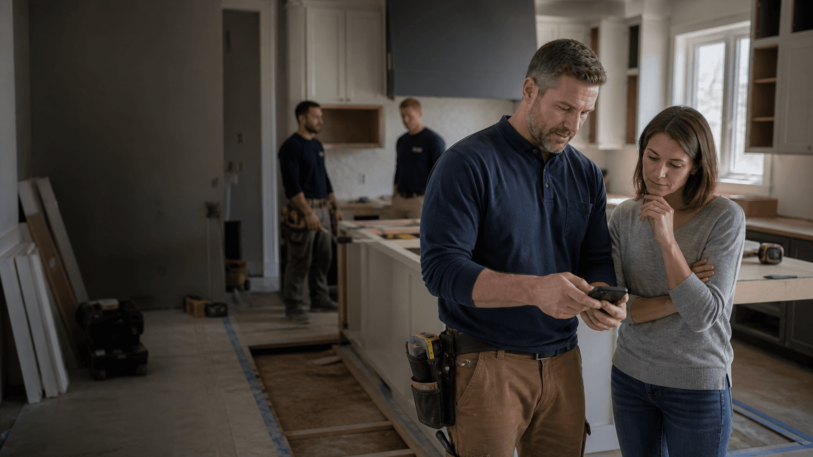 A residential remodeler and homeowner review an extra-work decision on a phone before the crew continues.